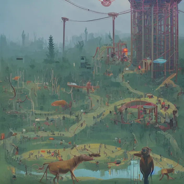 Image similar to a beautiful day at the zoo, by simon stalenhag