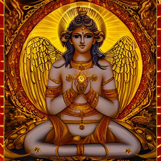 Image similar to Golden Angel Of light Gnostic pleroma in HD, 8k, High Resolution, Hindu aesthetic,