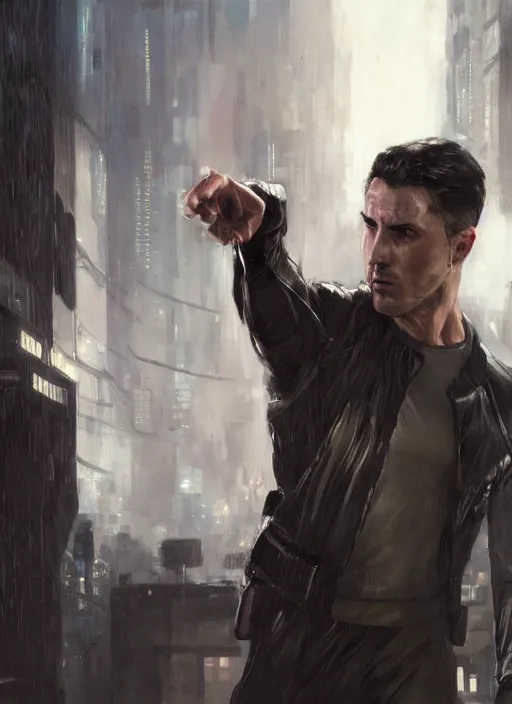 Image similar to bruce wayne teaching self defense. cyberpunk mercenary in a cyberpunk jumpsuit ( blade runner 2 0 4 9, cyberpunk 2 0 7 7 ). orientalist portrait by john william waterhouse and james gurney and theodore ralli and nasreddine dinet, oil on canvas. cinematic, hyper realism, realistic proportions, dramatic lighting, high detail 4 k