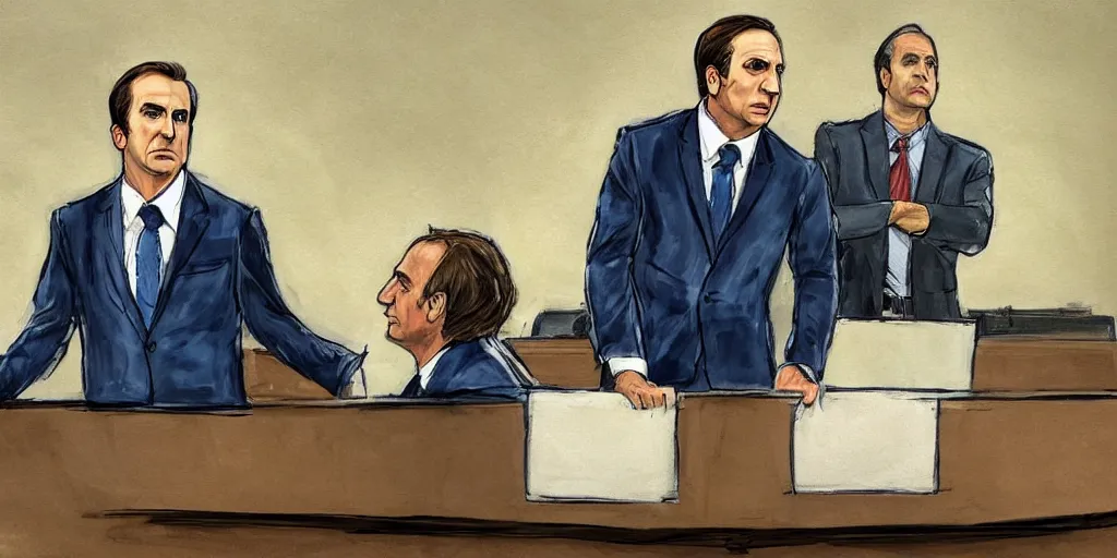 Prompt: saul goodman defending michael scott in acourt, courtroom painting