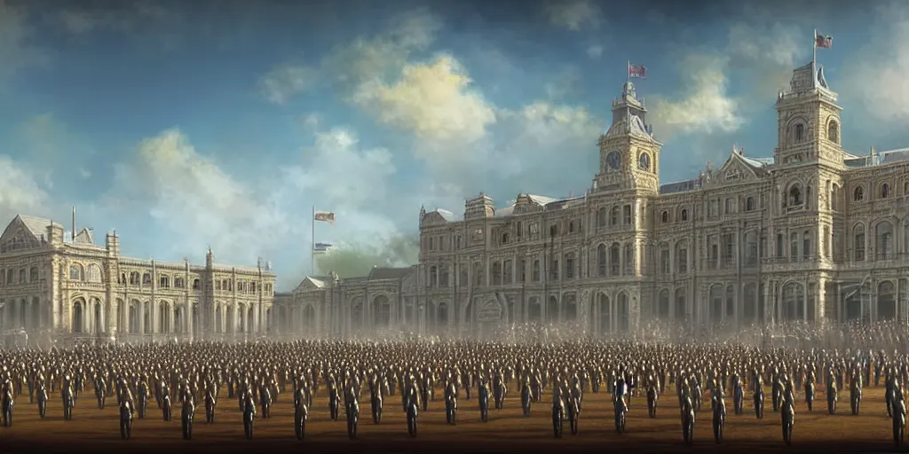 Prompt: a victorian army parade ground, grand building, blue sky, sunny, detailed, volumetric, cinematic lighting, realistic, digital art by greg rukowski