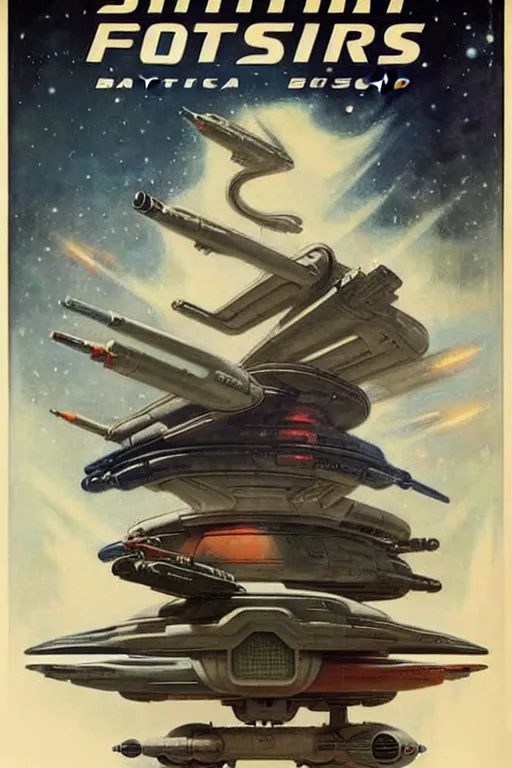 Prompt: (((((1950s Battlestar Galactica poster art . muted colors.))))) by Jean-Baptiste Monge !!!!!!!!!!!!!!!!!!!!!!!!!!!