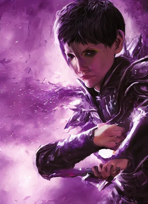Prompt: An epic fantasy comic book style portrait painting of a young boy with straight shoulder black hair lilac eyes. Wearing black combat clothes. She is holding knives in both hands. Menacing look. Dark purple energy portal around, born from shadows. Unreal 5, DAZ, hyperrealistic, octane render, cosplay, RPG portrait, dynamic lighting