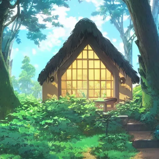 Image similar to a cozy cottage in an overgrown forest, anime, cartoon, studio Ghibli style, golden hour