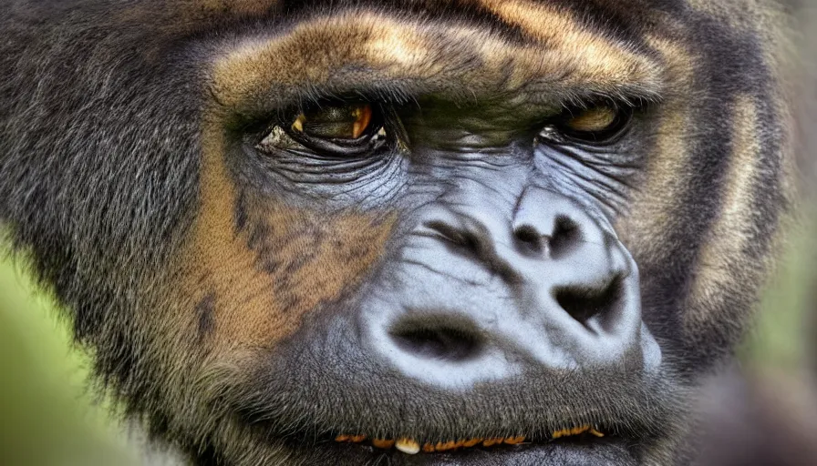 Image similar to a tiger gorilla!!! hybrid! hyper realistic!! realistic lighting!! wildlife photographer of the year!!! bold natural colors, national geographic, hd, wide angle, 8 k