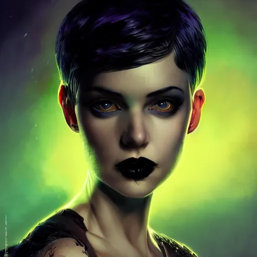 Prompt: high key studio lighting headshot portrait of a curvy sensual young female goth, asymmetrical haircut, beautiful character fashion design, directed by Alex Garland and Christopher Nolan, art by Paul Lehr and David Heskin and Mandy Jurgens and Josan Gonzalez, Artgerm, WLOP, Hi-Fructose