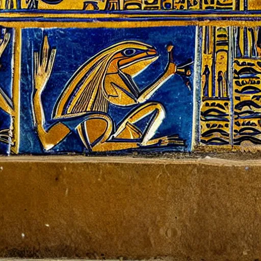 Image similar to a small frog standing on two feet at the hotel reception entry, ancient egyptian mural