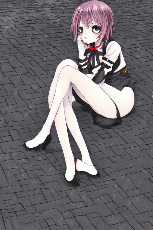 Prompt: A stern girl in Japanese maid's clothes and long stockings sits on the wet pavement in a parking lot in the rain at night. Dark anime drawing in gothic pixiv style.