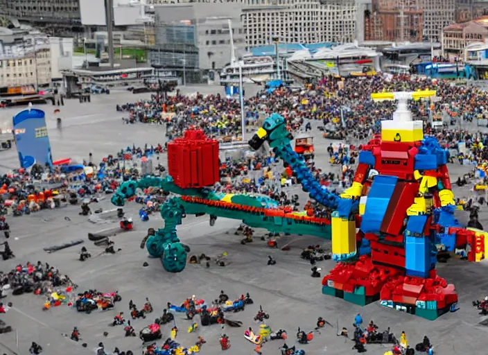 Prompt: a high-definition photograph of a huge robot built of Lego bricks and Lego motors