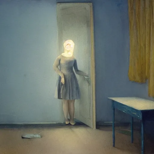 Image similar to close up of a girl in a blue and gold haunted liminal abandoned room, watercolor by ivan biblin, by hammershøi, art noveau, highly detailed, lights by edward hopper, liminal, eerie, bright pastel colors