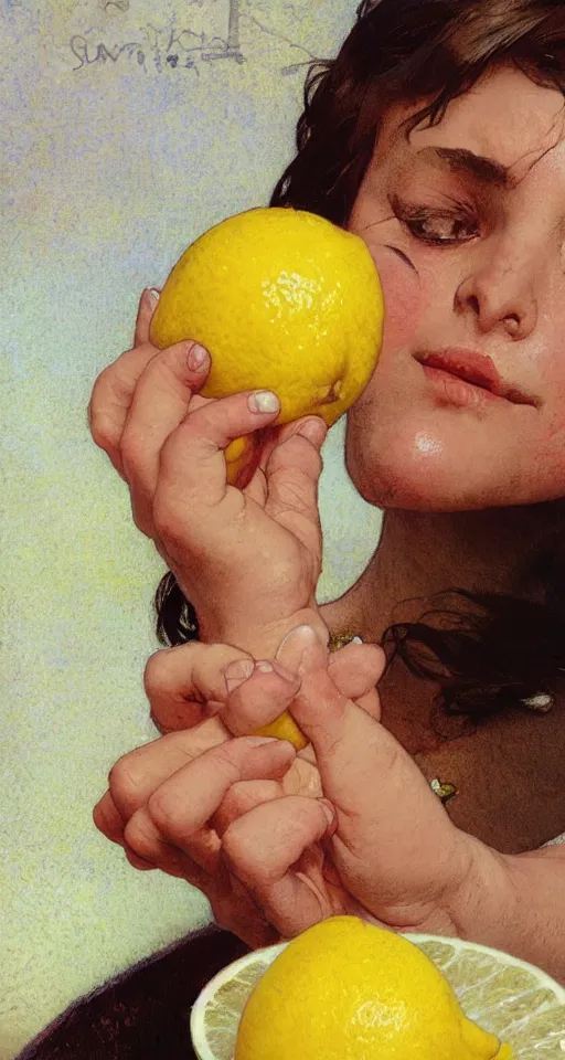 Prompt: close up of a person squeezing lemon for lemonade, sun shining, photo realistic illustration by greg rutkowski, thomas kindkade, alphonse mucha, loish, norman rockwell.