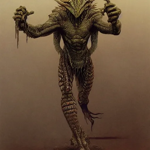 Image similar to lizardman warrior concept, tribal, beksinski