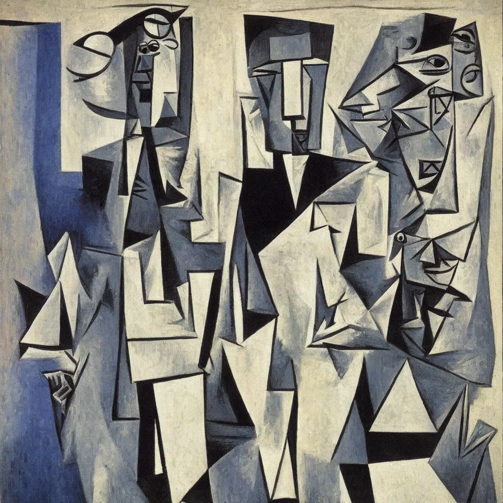 Prompt: Man in a business suit with a paper bag covering his entire head, by Pablo Picasso