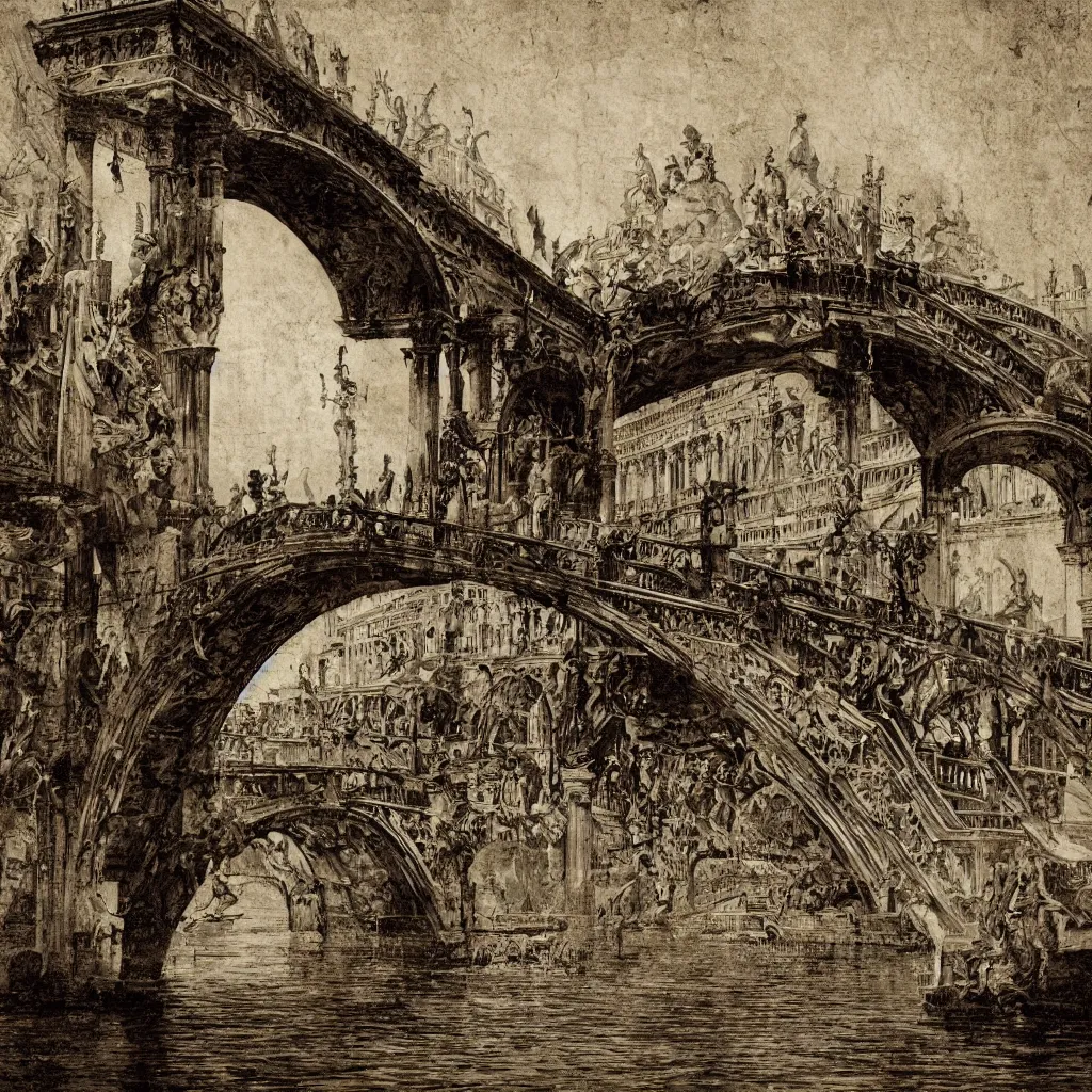 Prompt: oniric dream of the bridges of venice by piranesi, composition, cinematic, rule, grid