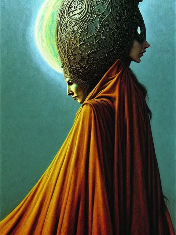 Prompt: soaring woman wearing a huge round mask hiding her face with many thick long blades behind head. dressed in a long robe with wide sleeves. highly detailed, symmetric, concept art, saturated colors, masterpiece, fantasy art, hyperdetailed, hyperrealism, art by zdzisław beksinski, arthur rackham, dariusz zawadzki, larry elmore