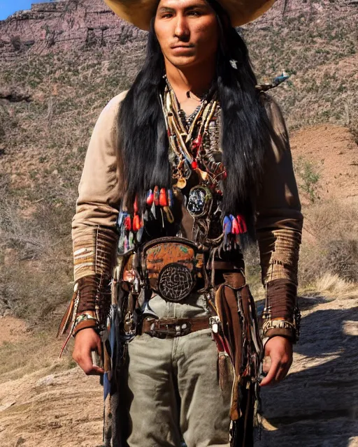 Image similar to young thin native American Indian man, wearing cargo buckskin jacket buckskin tactical toolbelt pockets bandolier full of trinket and baubles, steampunk arcane shaman, deadlands, weird west