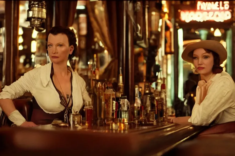Prompt: cinematography of a beautiful cyborg woman in a vintage western bar alone asking for a drink by Emmanuel Lubezki
