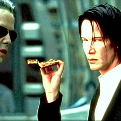 Image similar to movie still from the matrix ( 1 9 9 9 ) of keanu reeves eating a snickers bar