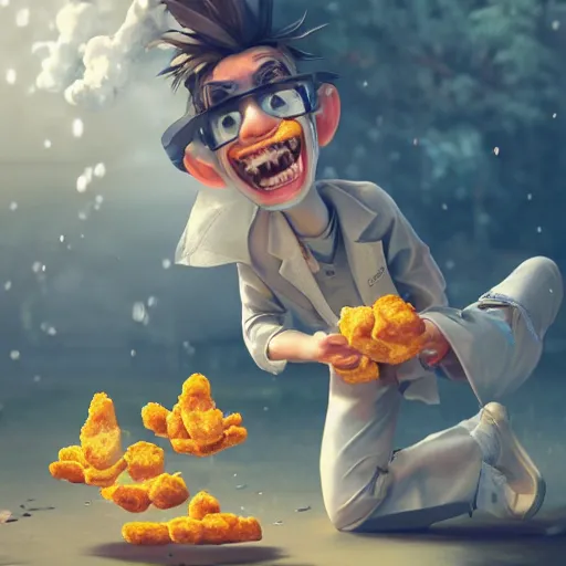 Image similar to a mad scientist in his back yard laughing happily at the chicken nuggets which are falling from the sky , made by Stanley Artgerm Lau, WLOP, Rossdraws, ArtStation, CGSociety, concept art, cgsociety, octane render, trending on artstation, artstationHD, artstationHQ, unreal engine, 4k, 8k,