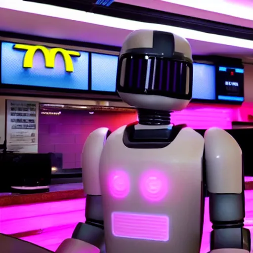 Image similar to robocop in mc donalds, synthwave style