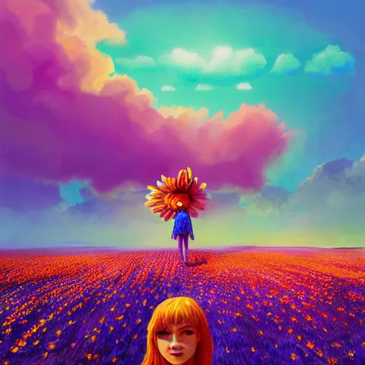 Image similar to giant daisy flower as head, full body, girl standing in a flower field, surreal photography, sunrise dramatic light, impressionist painting, colorful clouds, digital painting, artstation, simon stalenhag, flower face