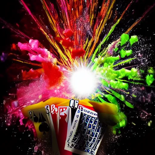 Image similar to poker cards fly through the air at a centered explosion of colorful powder on background by maxvanzwerg