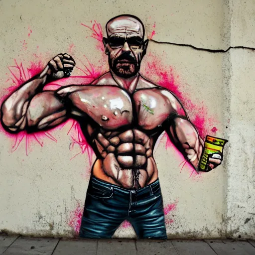 Image similar to Gigachad Muscular Walter White Flexing, Urban Graffiti Banksy, Bordalo, trending on artstation