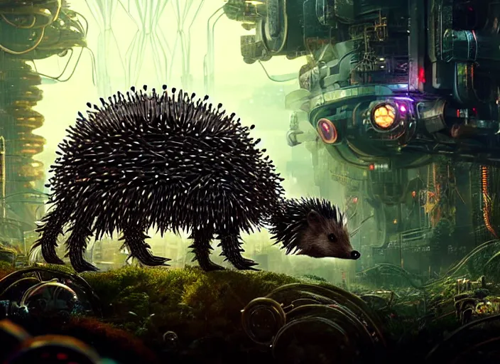 Prompt: giant intricate mechanical hedgehog with cybernetic enhancements and visible gears, on the background of a weird magical mechanical forest. Very detailed 8k. Fantasy cyberpunk horror. Sharp. Cinematic post-processing. Unreal engine. Nanite. Ray tracing. Parallax. Tessellation