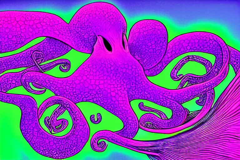 Image similar to digital art of a neon purple octopus floating in space by alex grey, neon outline, sharp lines, blurry background (arcylic), ((synthwave)),