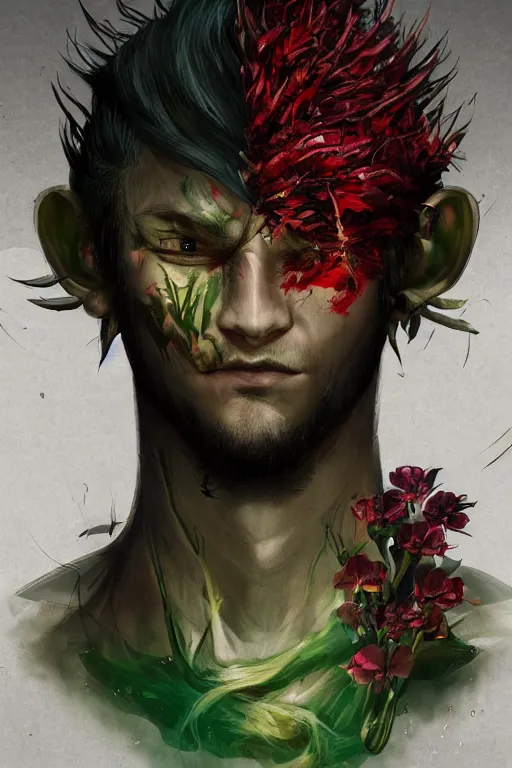 Image similar to portrait of beautiful young man, warhammer, japanic style, cyberpunk, a lot of scars, more and more flowers, green head, sun side, some red water, the middle ages, highly detailed, artstation, illustration, artgerm sylvari portrait, 8 k quality