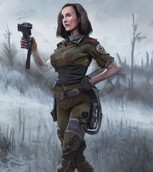 Image similar to fallout 5, concept art brunette female enclave officer leading a squad portrait, concept art, outdoors industrial setting, spring time, slight overcast, atmospheric lighting, painted, intricate, volumetric lighting, beautiful, sharp focus, golden hour, ultra detailed by leesha hannigan, ross tran, thierry doizon, kai carpenter, ignacio fernandez rios