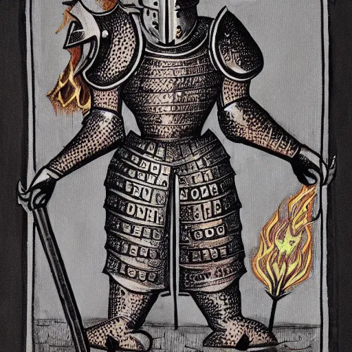 Prompt: medieval heavy armored knight with intricate designs, holding a sword of fire. Red eyes.