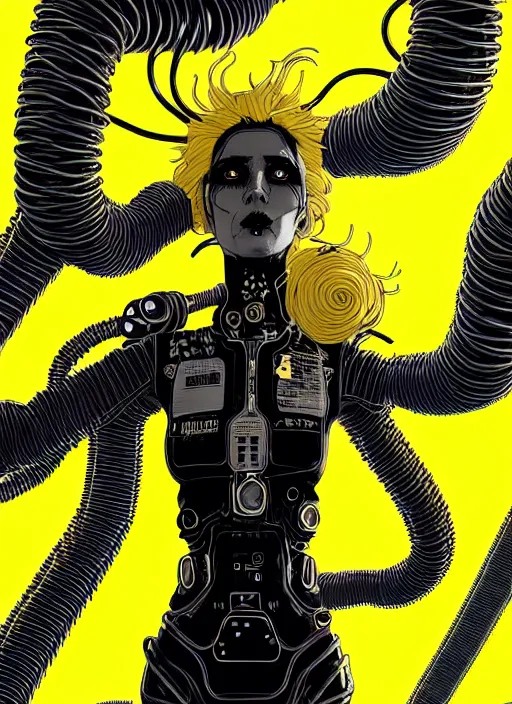 Image similar to highly detailed portrait of wasteland punk long curly bright yellow and white plasma electricity hair tribal lady, stray electric spark wiring by atey ghailan, james gilleard, by joe fenton, by greg rutkowski, by greg tocchini, by kaethe butcher, 4 k resolution, gradient yellow, black and white color scheme!!! ( ( lightning cloudy robotic dystopian city background ) )