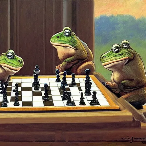 Image similar to studious toads playing chess by James Gurney.