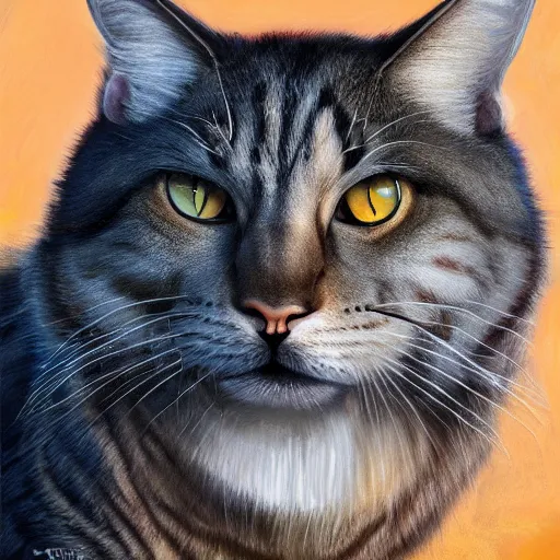 Image similar to an oil painting of a gigachad cat with a chiseled jawline, giga chad, strong, dramatic impactful colors, by artgerm, hd, hdr, ue 5, ue 6, unreal engine 5, cinematic 4 k wallpaper, 8 k, ultra detailed, gta 5 cover art, high resolution, artstation, award winning