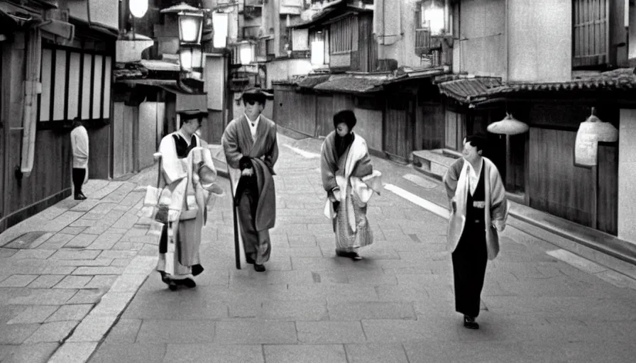 Prompt: mr. hulot lost in the streets of gion, inquiring directions from a geisha in old kyoto, cinematic 1 9 7 0, in the style. of wes anderson and jacques tati