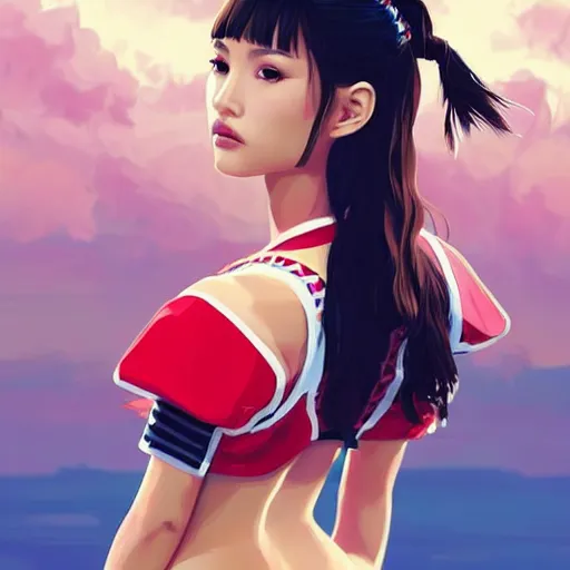 Image similar to a beautiful young japanese natalie portman alluring gravure model, stylized concept art, wearing elegant designer bomber jacket and one piece bikini, bomber jacket with mesoamerican patterns, mesoamerican native street fashion, princess mononoke, painted by ilya kuvshinov aesthetic, gorgeous, stunning, alluring, attractive, artstation, pinterest, digital art