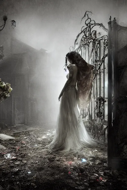 Image similar to a zombie bride with flowing dress and veil at the gate of a decrepit house, night, mist, smoke, scary, spooky, dramatic lighting, moody, style of stephen jones, bernie wrightson, octane render