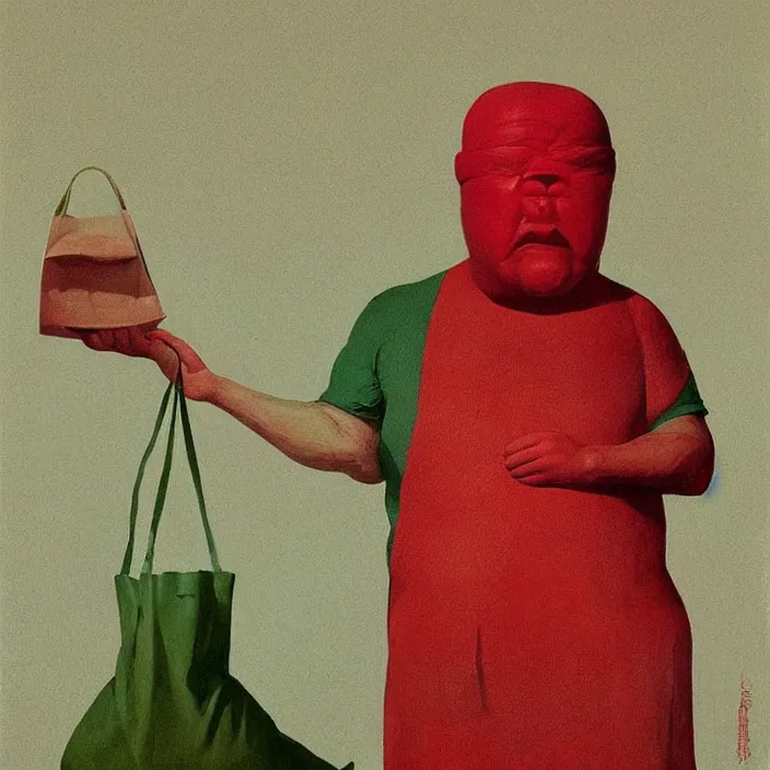 Image similar to melting old fat man portrait with a white paper bag over the head, dressed in red paper bags, holding stack of green paper bags, highly detailed, artstation, art by edward hopper, zdislav beksinski, wayne barlowe, edward hopper