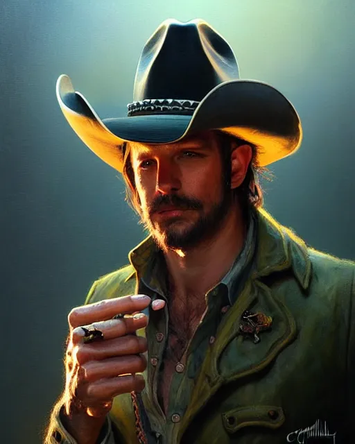 Image similar to epic portrait cinematic shot an frog wearing cowboy outfit and a cowboy hat, fine details. night setting. realistic shaded lighting poster by craig mullism, artgerm, jeremy lipkin and michael garmash, unreal engine, radiant light, detailed and intricate environment, digital art, trending on art station,