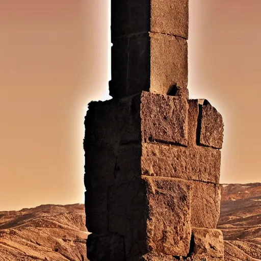 Prompt: A mythical sword floating above an obelisk in ancient ruins in the dessert