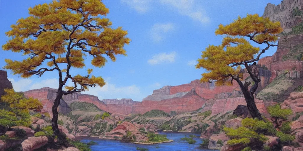 Image similar to single maple tree growing in grand canyon, stream, oil painting, highly detailed, masterpiece