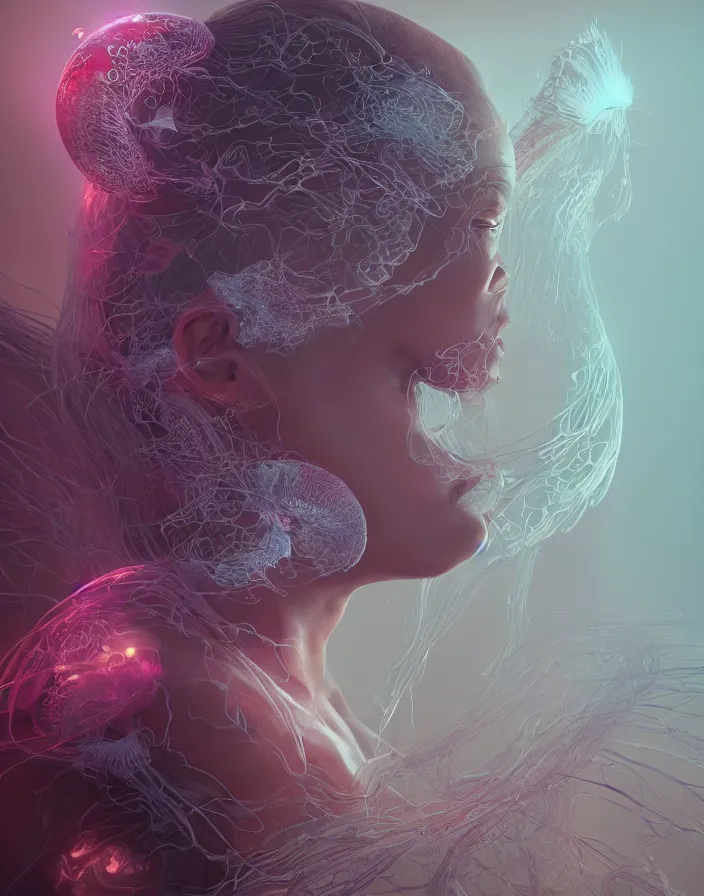 Image similar to goddess portrait. jellyfish phoenix head. intricate artwork by Tooth Wu and wlop and beeple. octane render, trending on artstation, greg rutkowski very coherent symmetrical artwork. cinematic, hyper realism, high detail, octane render, 8k