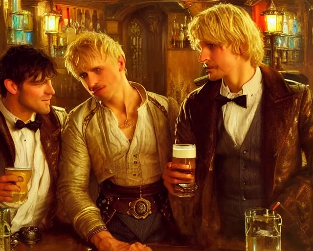 Image similar to attractive arthur pendragon and attractive merlin go to a pub together to have some drinks. highly detailed painting by gaston bussiere, craig mullins, j. c. leyendecker 8 k