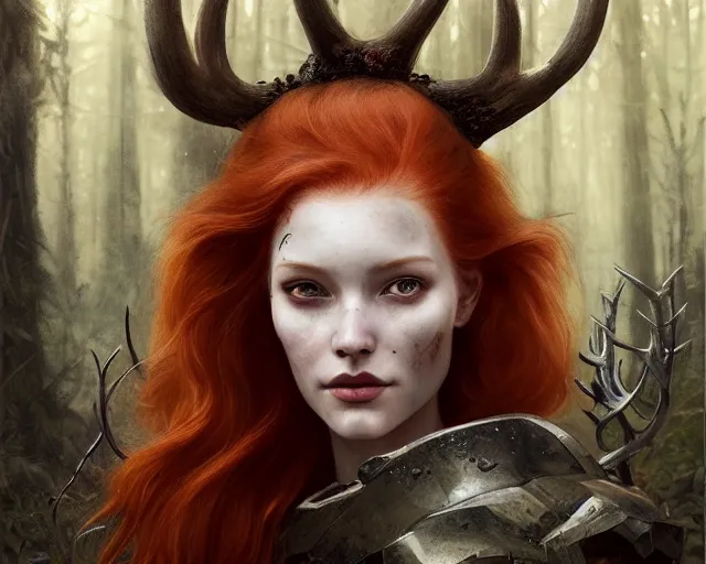 Image similar to 5 5 mm portrait photo of an armored gorgeous aesthetic redhead woman warrior with a face tattoo and antlers growing from her head and cat on her shoulder, in a magical forest. art by greg rutkowski. highly detailed 8 k. intricate. lifelike. soft light. nikon d 8 5 0.