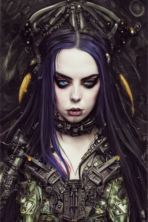 Image similar to beautiful gothic billie eilish, cyberpunk, Warhammer, highly detailed, artstation, illustration, art by Gustav Klimt