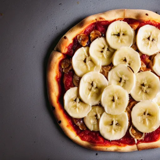 Prompt: a photo a whole unpeeled banana on top of a pizza, food photo, professional food photo, iphone, whole banana, 4 k