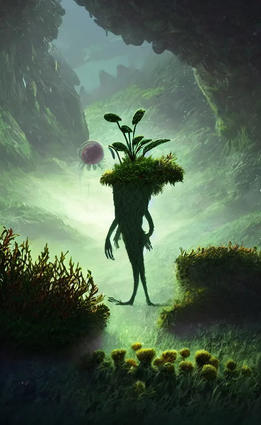 Image similar to a plant creature, plant filaments and flowers, walking on an alien planet with aliens plants, looking at an alien breathtaking landscape, cinematic lighting, concept art, artstation