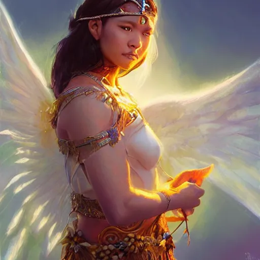 Image similar to Portrait of a Pacific Islander goddess with angel wings, and a glowing halo, white lighting, digital art by Ruan Jia and Mandy Jurgens and Artgerm, highly detailed, trending on artstation, award winning,