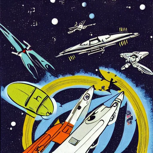 Prompt: a space dog fight with spaceships in the style of jack gaughan